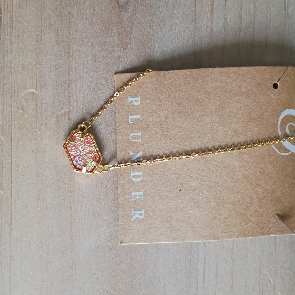 Plunder Gold-Tone Pink Iridescent Druzy Necklace